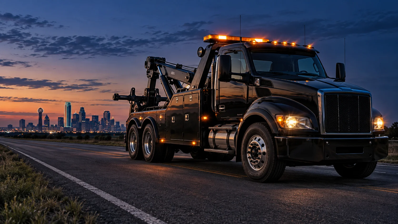 Illustrative heavy recovery truck with the Dallas skyline at dusk